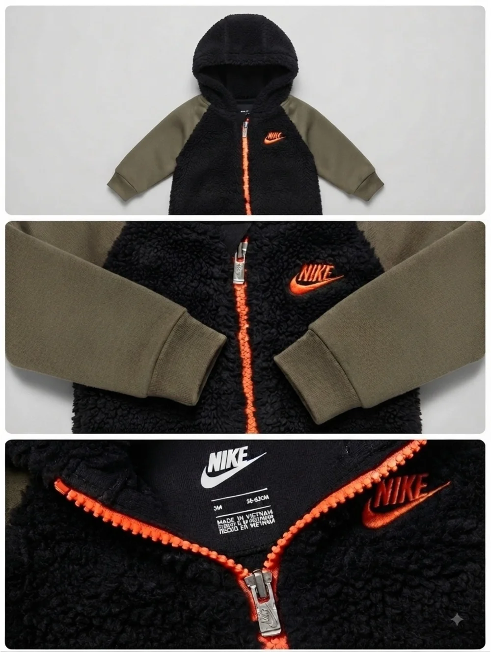 Nike Baby Black & Olive Green Sherpa Fleece Full-Zip Coverall / Romper Size 3M